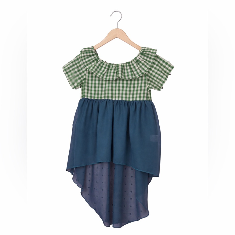 Boutique Girls Gingham High Low Tunic Blouse Teal Chiffon Ruffle Top Size 4T